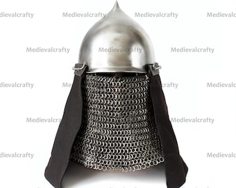 18 Gauge Medieval Kettle Hat Helmet Medieval Viking Helmet Medieval Eastern Helmet Keshikten With Riveted Chainmail Roleplay/Cosplay/Combat