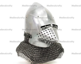 16GA Medieval Bacinet Klappvisor Helmet Medieval Houndskull Bascinet Helmet Medieval Heavy Combat Pig Faced Helmet With Riveted Chainmail