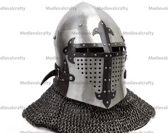 16GA Medieval Guardian Combat Helmet Medieval Roa Bacinet Helmet With Black Cross Medieval Roa Bacinet Visor Helmet With Riveted Chainmail