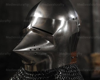 14GA Medieval Bacinet Visor Helmet Medieval Klappvisor Helmet Medieval Houndskull Helmet Medieval Cosplay Roleplay Headpeices With Chainmail