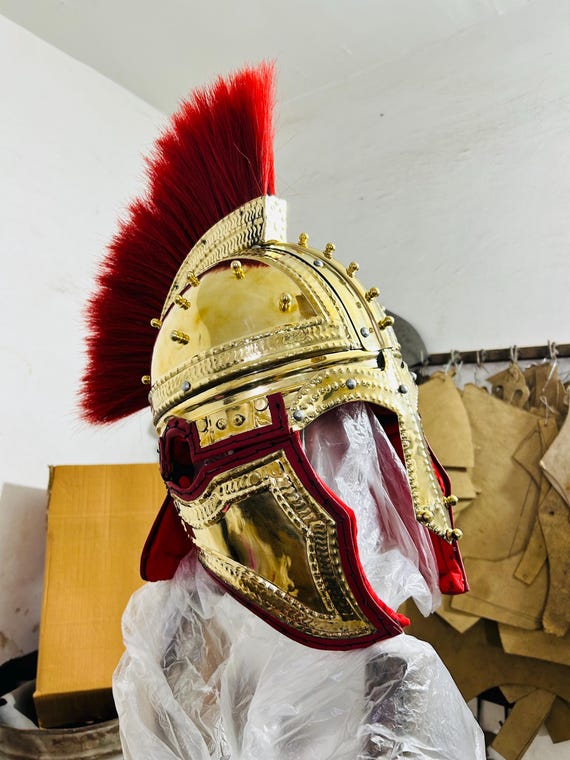 16 Gauge Pure Brass Medieval Late Roman Helmet Medieval Roman Ridge Helmet Medieval Deurne Brass Roman Helmet With Red Plume Gift/Cosplay
