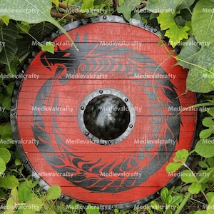Wikinger Holz Feuerdrache Rundschild Mittelalterliches rotes Schild Gefechtsbereit Schild Mittelalterliches Reenactment Schild Für Cosplay/Weihnachten