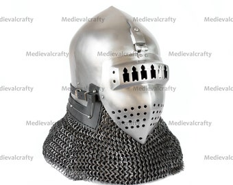 16G Medieval German Bascinet Clapvisor Hundsgugel Helmet Medieval Bascinet Visor Helmet Viking Helmet Wearable Helmet With Riveted Chainmail