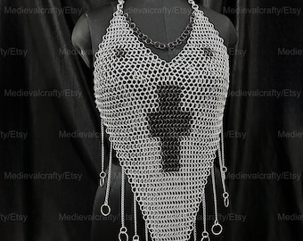 Chainmail Women’s Top, Women Costume, Women’s Chainmail Costume, Silver Chainmail With Black Cross Design Costume Gift for Girlfreind