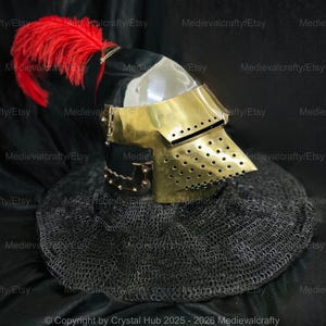 May include: A medieval helmet with a brass visor and a red feather plume. The helmet is sitting on a black chainmail coif.