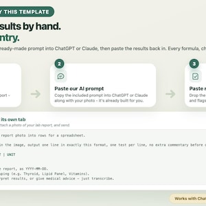 May include: An instructional graphic titled The #1 Reason People Buy This Template, explaining an AI data entry process. It features three numbered steps: Snap a photo, Paste our AI prompt, and Paste results in, alongside a detailed AI Data Entry Prompt box.