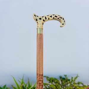 Victorian Engraved Personalized Royal Walking Stick, Brass Flower Head with Wooden Engraved Walking Cane, Gifts For Him, Christmas Gift