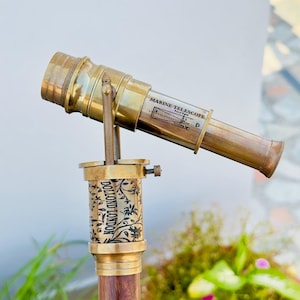 Personalized Brass Walking Stick with Telescope & Direction Compass on Top Spyglass Cane, Maritime Telescope Compass walking stick