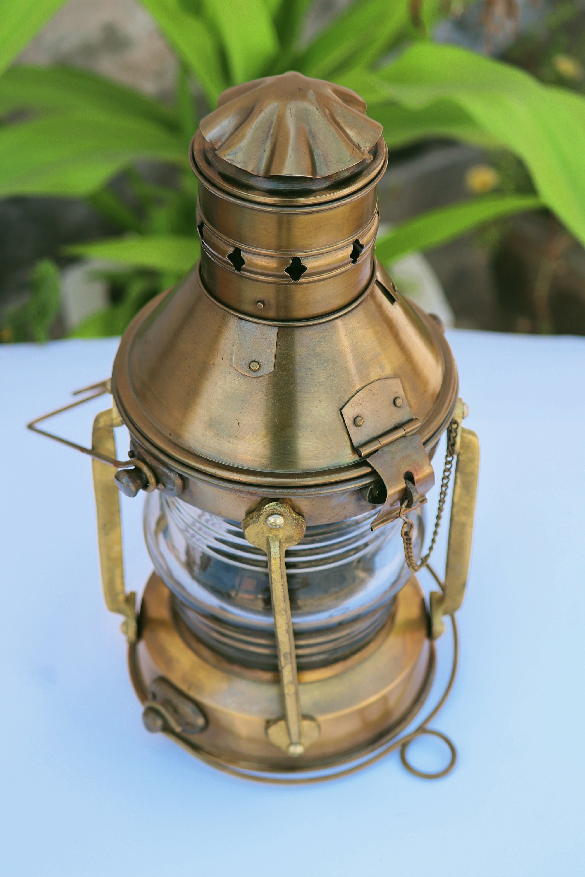 14 Brass Anchor Oil Lamp w/ Clear Fresnel Lens - Ship Lantern
