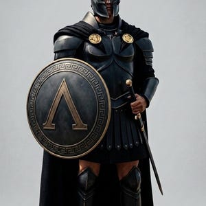 May include: A full suit of black armor featuring a Corinthian-style helmet with a black crest, a breastplate with gold circular accents, and a long black cape. A round shield displays a large gold Greek letter Lambda, and a sword is held in hand.
