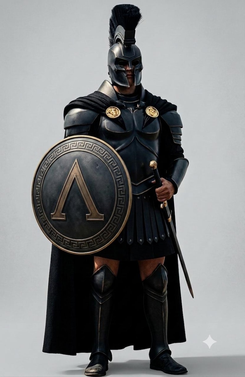 May include: A full suit of black armor featuring a Corinthian-style helmet with a black crest, a breastplate with gold circular accents, and a long black cape. A round shield displays a large gold Greek letter Lambda, and a sword is held in hand.