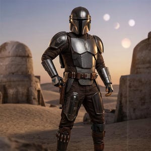 May include: A full-body suit of silver metallic armor featuring a polished helmet with a T-shaped visor, chest plate, shoulder pauldrons, gauntlets, and leg greaves worn over a dark brown long-sleeved shirt and matching trousers with a utility belt.