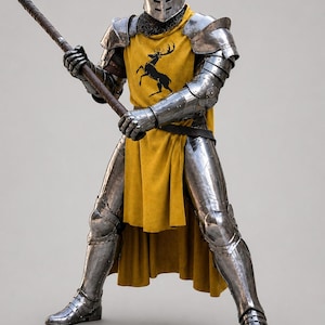May include: A suit of polished steel plate armor featuring a mustard yellow tabard with a black stag emblem. The armor includes a closed helmet, chainmail neck protection, and articulated limb plating. A long polearm is held in both gauntleted hands.