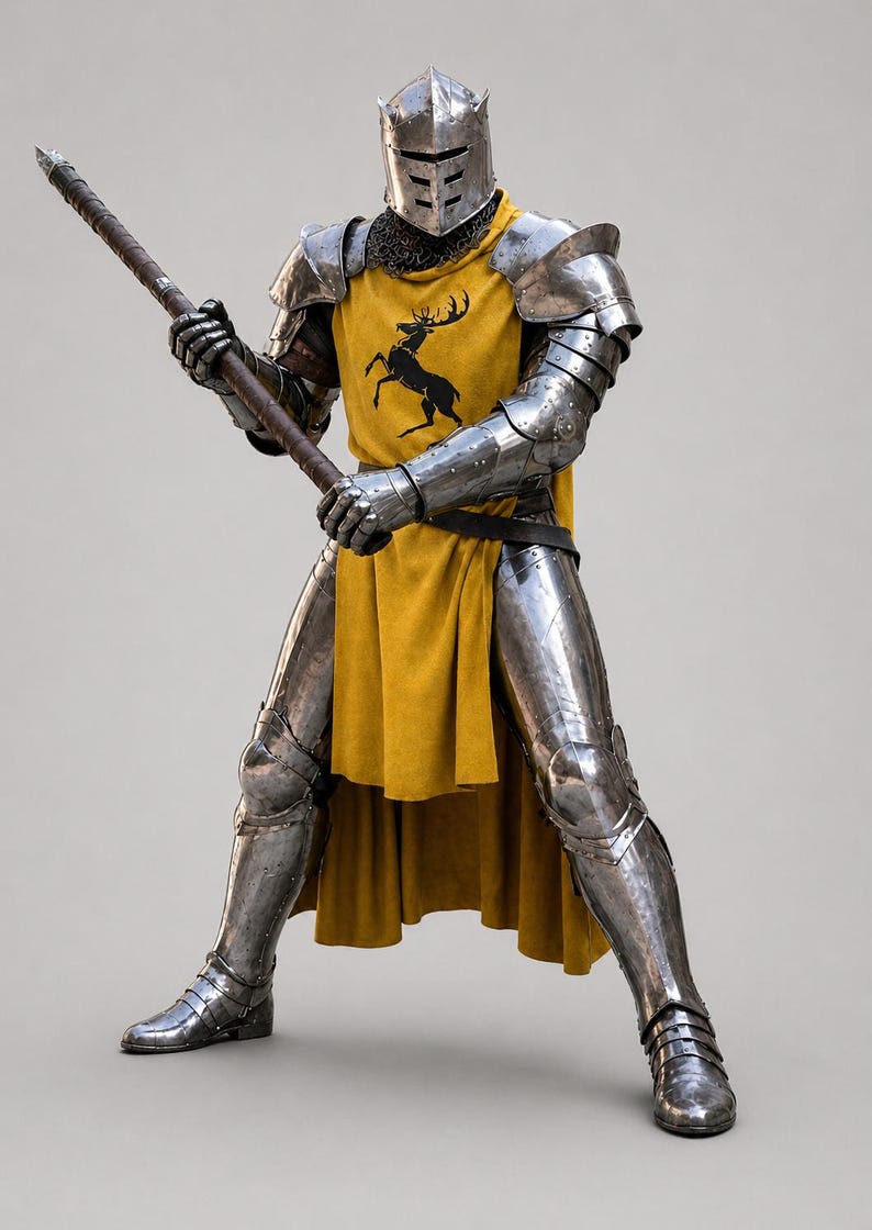 May include: A suit of polished steel plate armor featuring a mustard yellow tabard with a black stag emblem. The armor includes a closed helmet, chainmail neck protection, and articulated limb plating. A long polearm is held in both gauntleted hands.