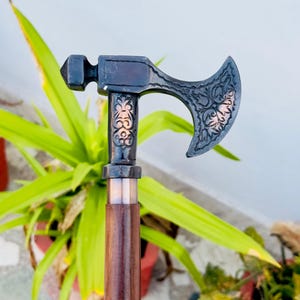 Unique Viking-Inspired Axe Handle Walking Stick, Handcrafted Artisan Design Walking Cane, Ornate Axe Handle Walking Stick, Artisan Design