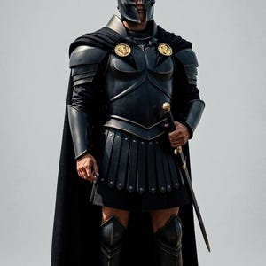 May include: A full suit of black armor featuring a Corinthian-style helmet with a black crest, a breastplate with gold circular medallions, shoulder pauldrons, arm guards, a tasset skirt, and greaves. A long black cape and a sword are included.