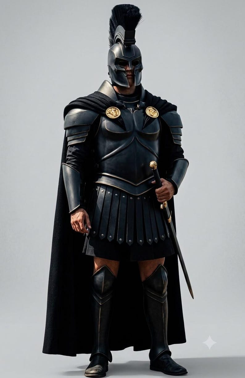 May include: A full suit of black armor featuring a Corinthian-style helmet with a black crest, a breastplate with gold circular medallions, shoulder pauldrons, arm guards, a tasset skirt, and greaves. A long black cape and a sword are included.