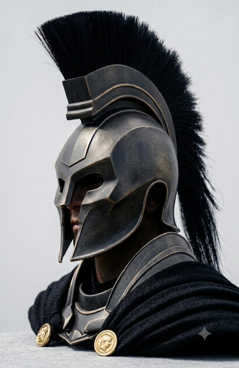 May include: A bronze-toned Spartan-style helmet featuring a tall black crest made of stiff bristles. The helmet has a protective nose guard and cheek plates, paired with a black fabric cape secured by two circular gold-colored metal clasps.