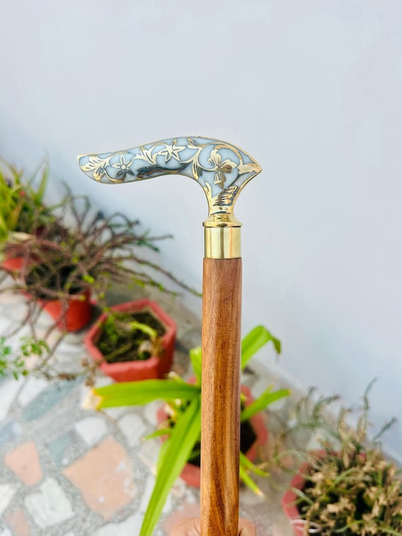 Victorian Flower Leaf Vintage Brown Wooden Walking Stick Cane Brass Gift for Men and Women Handmade Design Gift Everyday Use Best Gifts
