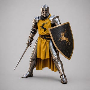 May include: A suit of polished steel plate armor featuring a yellow surcoat with a black stag emblem. The armor includes a closed helmet, a longsword held in the right hand, and a black heater shield with a gold stag crest on the left arm.
