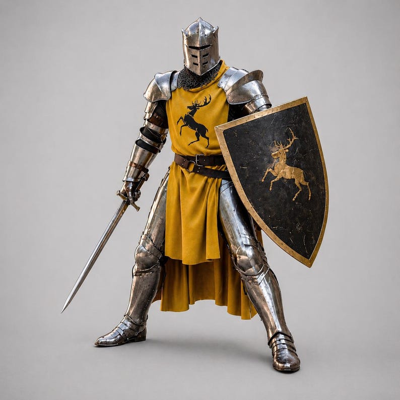 May include: A suit of polished steel plate armor featuring a yellow surcoat with a black stag emblem. The armor includes a closed helmet, a longsword held in the right hand, and a black heater shield with a gold stag crest on the left arm.