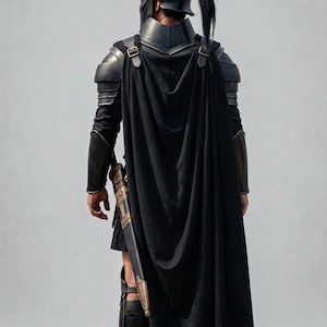 May include: A black Spartan-style helmet with a tall crest, dark metal shoulder pauldrons, and a long black cape. The armor includes forearm guards, a sword in a decorative scabbard hanging at the hip, and black leg greaves over dark boots.