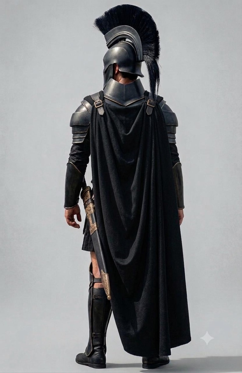 May include: A black Spartan-style helmet with a tall crest, dark metal shoulder pauldrons, and a long black cape. The armor includes forearm guards, a sword in a decorative scabbard hanging at the hip, and black leg greaves over dark boots.