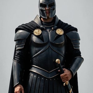 May include: A black suit of armor featuring a Corinthian-style helmet with a black crest, a breastplate with gold lion-head clasps, shoulder pauldrons, and a skirt of vertical plates. A long black cape and a sword with a gold pommel are included.