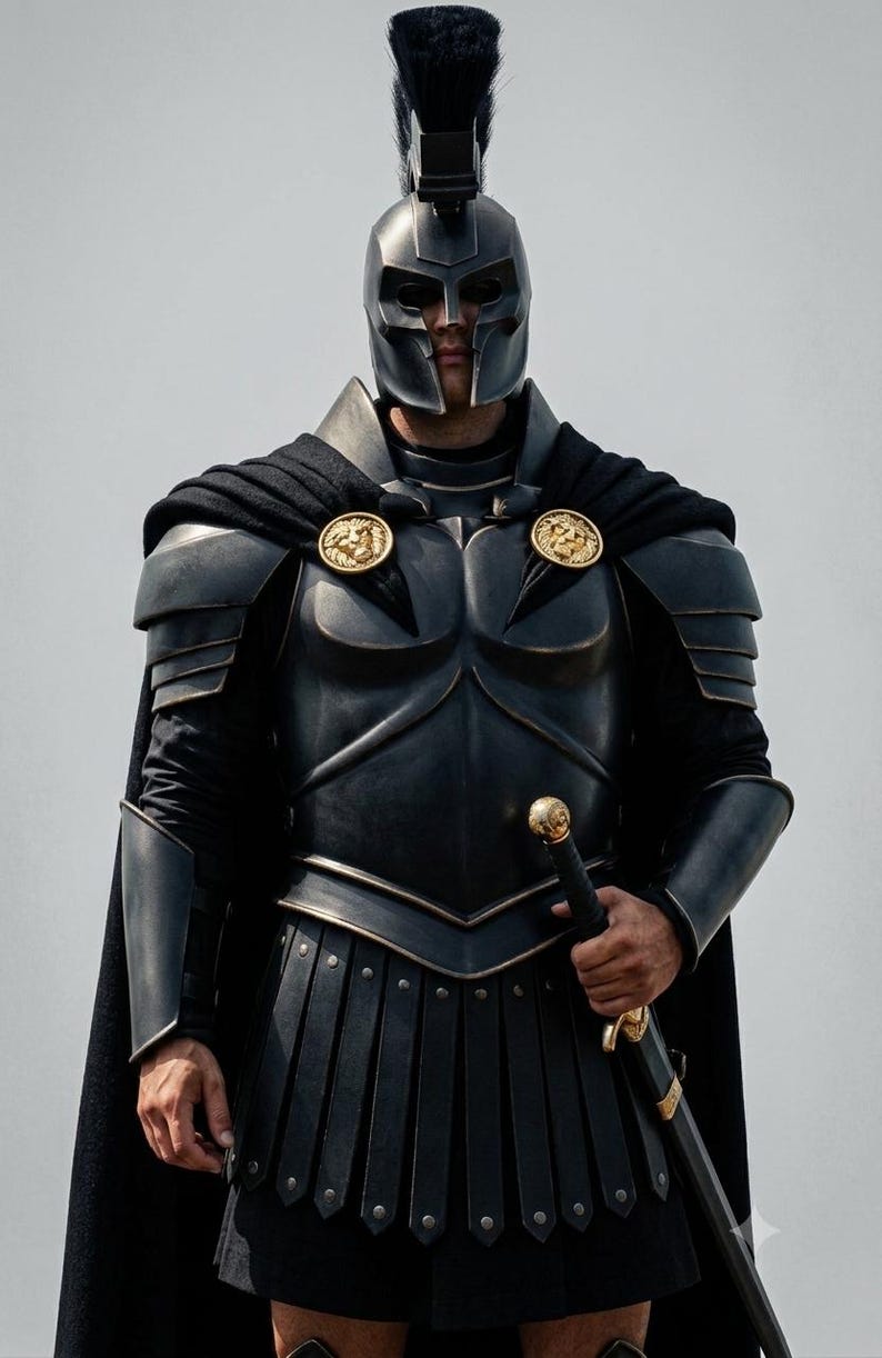 May include: A black suit of armor featuring a Corinthian-style helmet with a black crest, a breastplate with gold lion-head clasps, shoulder pauldrons, and a skirt of vertical plates. A long black cape and a sword with a gold pommel are included.