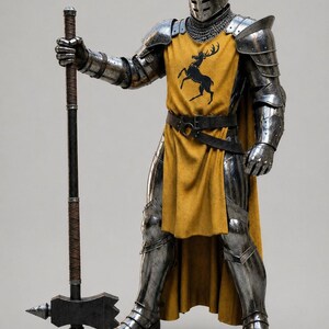 May include: A suit of polished steel plate armor featuring a chainmail coif and a yellow surcoat with a black stag emblem. The armor includes a closed helmet, pauldrons, and greaves, and is paired with a long-handled war hammer with a dark shaft.