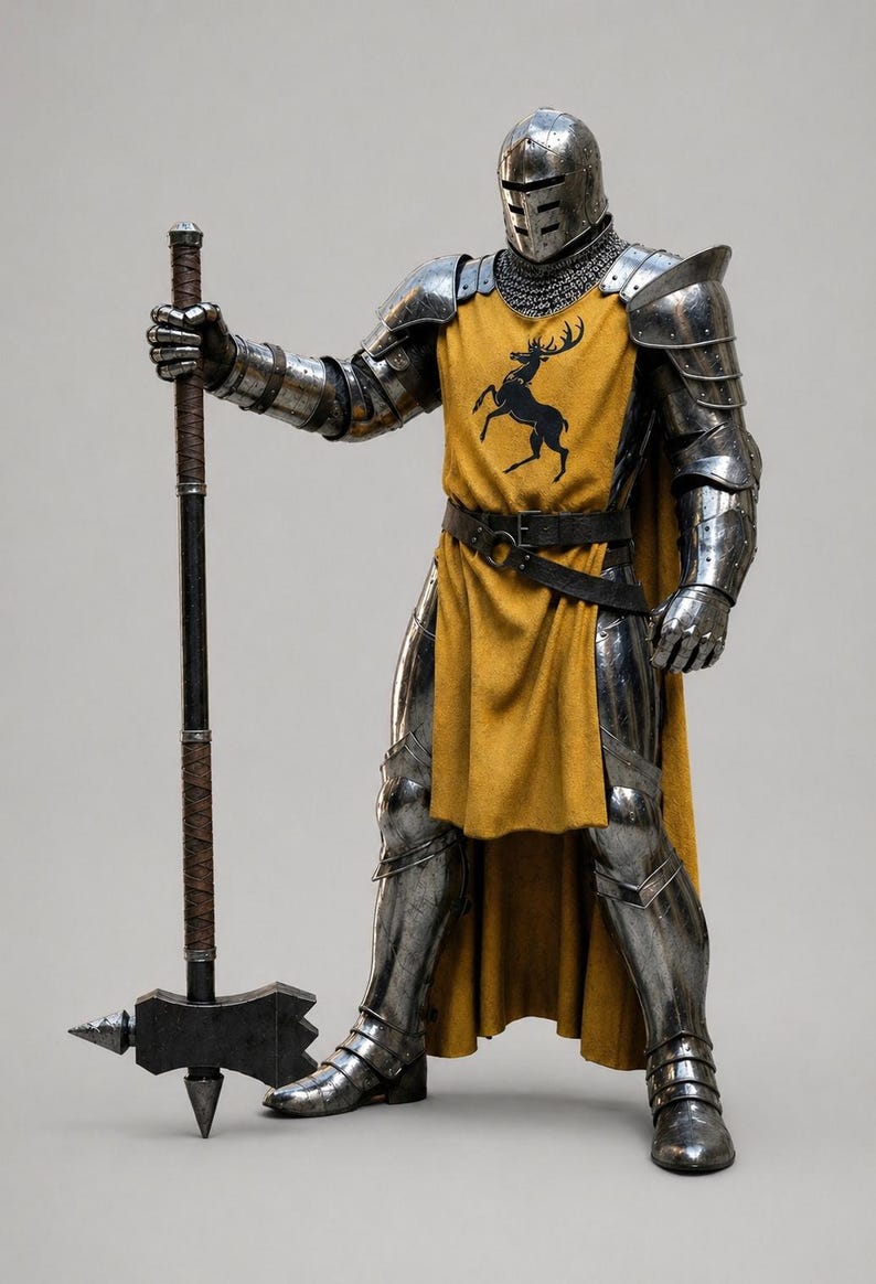 May include: A suit of polished steel plate armor featuring a chainmail coif and a yellow surcoat with a black stag emblem. The armor includes a closed helmet, pauldrons, and greaves, and is paired with a long-handled war hammer with a dark shaft.