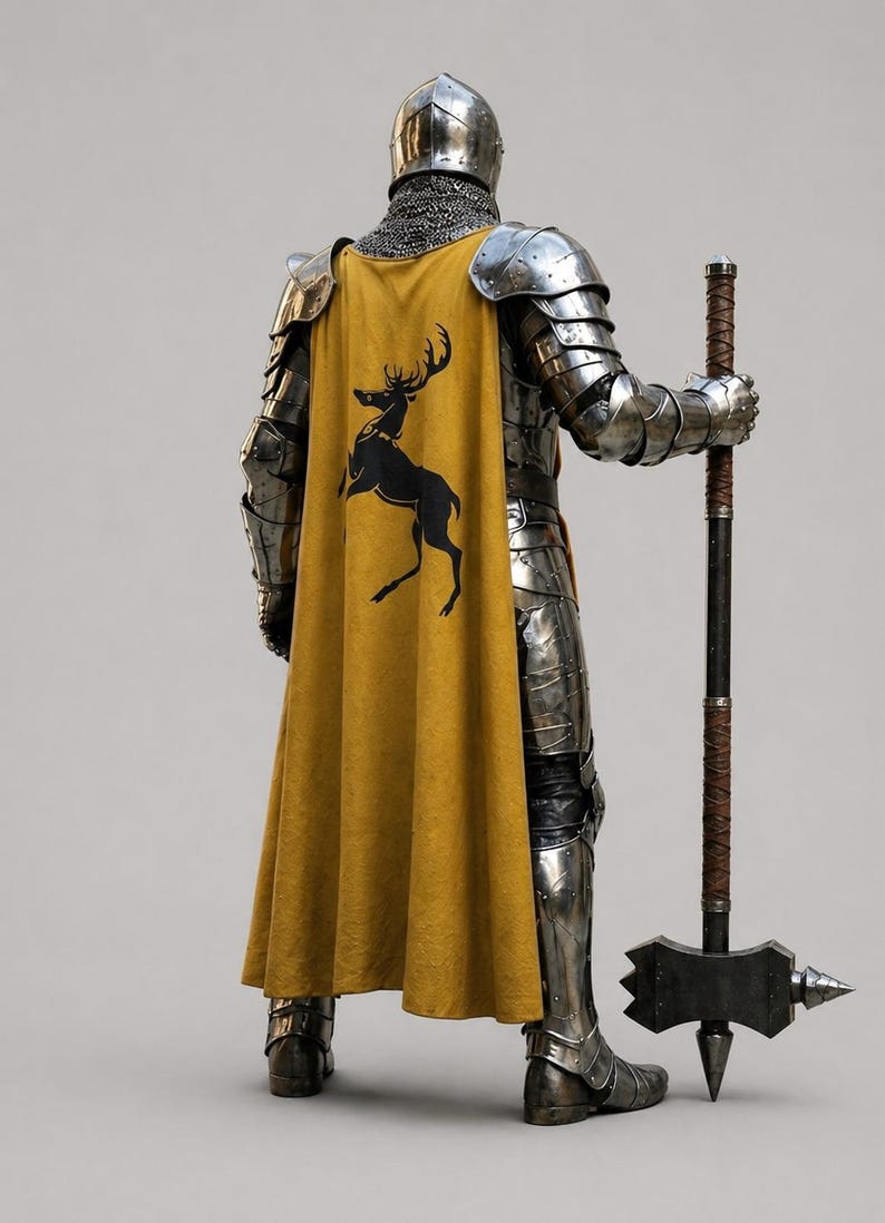 May include: A suit of polished steel plate armor featuring a chainmail coif and a long mustard yellow cape. The cape displays a black silhouette of a prancing stag. The figure holds a tall polearm with a dark shaft and a heavy metal hammer head.