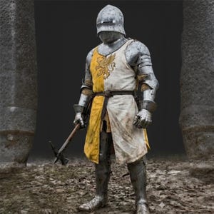 Puede incluir: Una armadura de placas de acero con un casco tipo salade, una coraza de metal y guanteletes articulados. Sobre la armadura se lleva una sobreveste amarilla y blanca con un emblema de león dorado. La figura sostiene un martillo de guerra.
