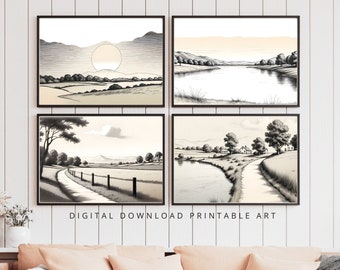 Landscape with large sun setting behind hills, Wall Hangings, Digital Prints, Home Decor, Wall Decor, Printable Wall Art, Digital Download