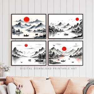 Traditional East Asian ink wash painting style depicting a landscape with mountains, wall decor, printable wall art, digital download