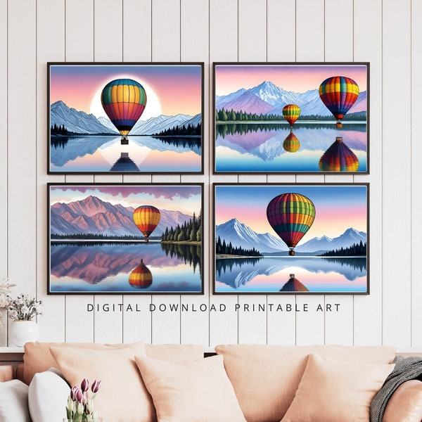 Two colorful hot air balloons floating above a calm lake with reflections in the water, snow-capped mountains in the background, download