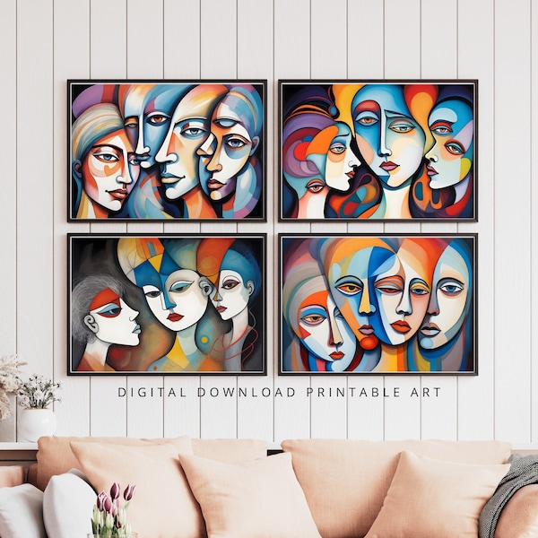 A surreal and abstract painting depicting several stylized human faces with exaggerated features and vibrant colors, digital download