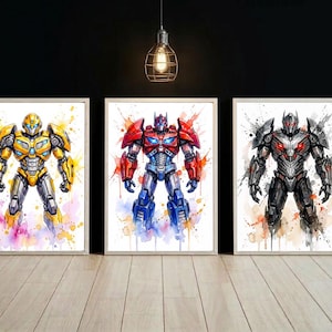 Transformers Prints, Set Of 3 Watercolor Posters, Wall Art Print, Transformer Poster, Printable For Kids, Boys Room Decor, Digital Download