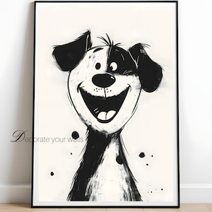 A Black And White Cartoon-style Illustration Of A Happy, Smiling Dog With Large Eyes And A Big Grin Printable Digital Prints Download