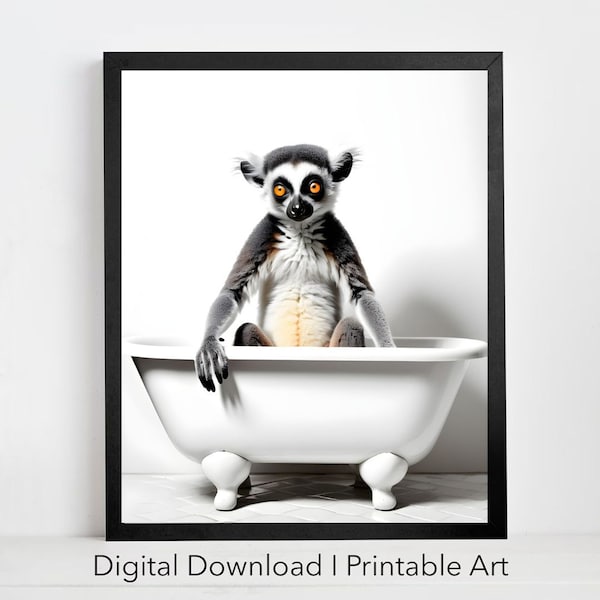 Animal Bathroom Art, Lemur in Tub Printable Wall Art, Animal In Bathtub Art, Lemur Photo, Lemur Art, Bathroom Art Print, Digital Download