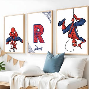 Poster da parete personalizzato con nome a tema Spiderman, set di 3 stampe, poster digitale di Spiderman, stampe di supereroi, decorazioni per la cameretta dei ragazzi, download digitale