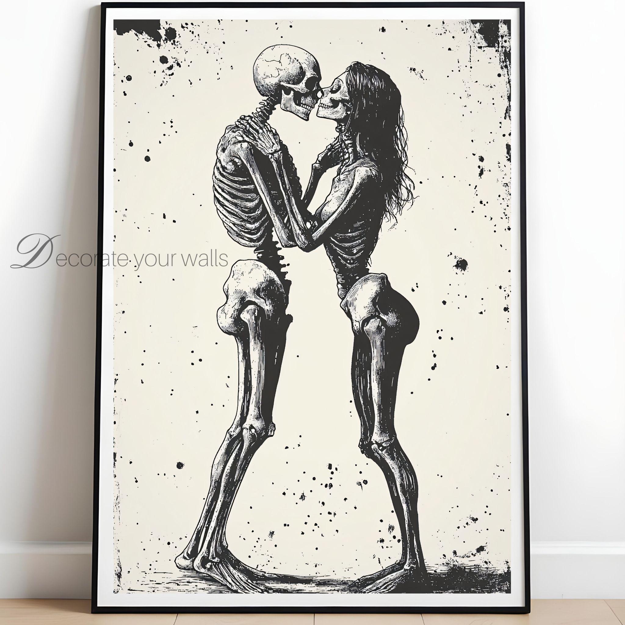 A Black And White Image Of A Skeleton Couple Embracing Each Other, With A Dark, Digital Prints Download