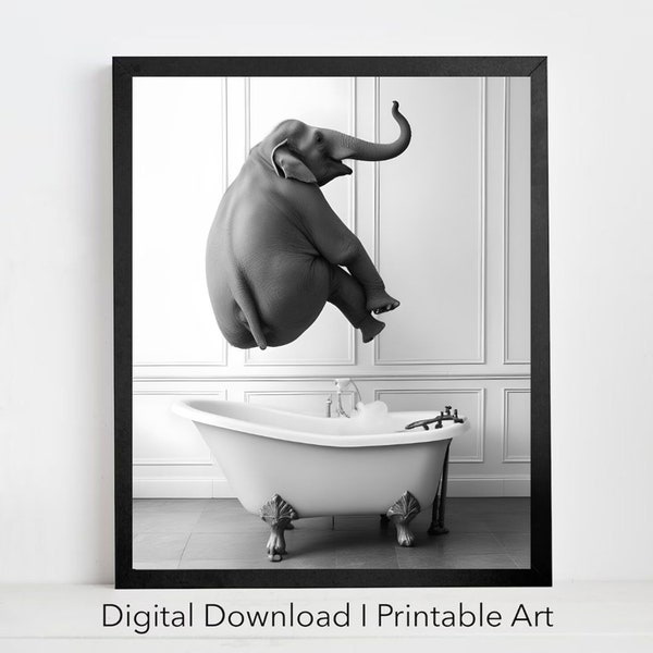 Happy Elephant in Tub Printable Wall Art Elephant Photo Elephant Art Bathroom Art Print Digital Download Black White Instant Download