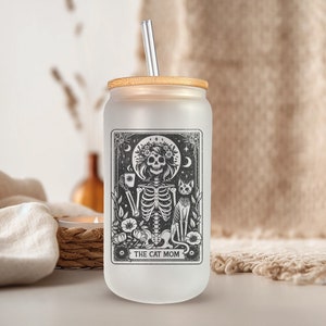 Taza de café helado con lata de cristal de tarot, vaso de tarot con la carta de la mamá gata, vaso ecológico para bebidas, taza estética bohemia con tapa y pajita