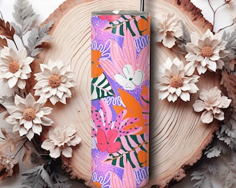 Vaso delgado de acero inoxidable con diseño floral, 20 oz con pajita.