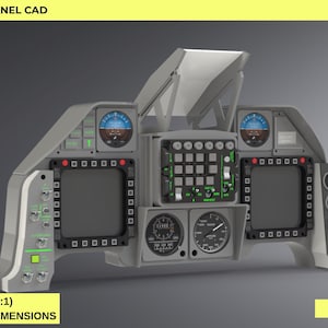May include: A gray F16-C main front panel CAD model featuring two large black screens, circular analog gauges, a central keypad, and various switches. The text reads F16-C MAIN FRONT PANEL CAD, SOLIDWORKS + STEP, REAL SCALE (1:1) BASED ON ORIGINAL DIMENSIONS, and DIGITAL DOWNLOAD.