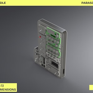 May include: F16-C LEFT PANEL BUNDLE digital download file. A gray technical control panel with various knobs, switches, and a rectangular display screen. The design includes green highlighted sections and is labeled REAL SCALE (1:1) BASED ON ORIGINAL DIMENSIONS, PARASOLID + STEP + DXF + STL.