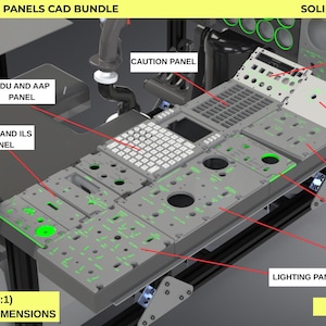 May include: A-10C right console panels CAD bundle. The image shows a detailed CAD design of an aircraft cockpit console, including panels labeled "CDU and AAP", "TACAN and ILS", "Caution Panel", "CMSP Panel", "Canopy Open Panel", "Elec Pwr Panel", "Oxygen Regulator Panel", "Enviroment Control Panel", and "Lighting Panel".