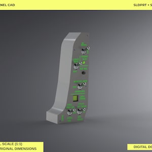 May include: A gray F16-C MISC PANEL CAD digital download file featuring a vertical control panel with multiple metal toggle switches and a green square button. The panel includes bright green text labels and markings for various aircraft functions.
