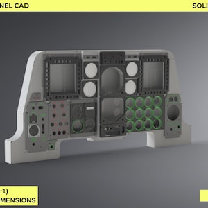 May include: A-10C main front panel CAD design. The panel is a digital download, based on original dimensions, and is CNC ready. The design features various rectangular and circular components in shades of gray and black, with green accents.